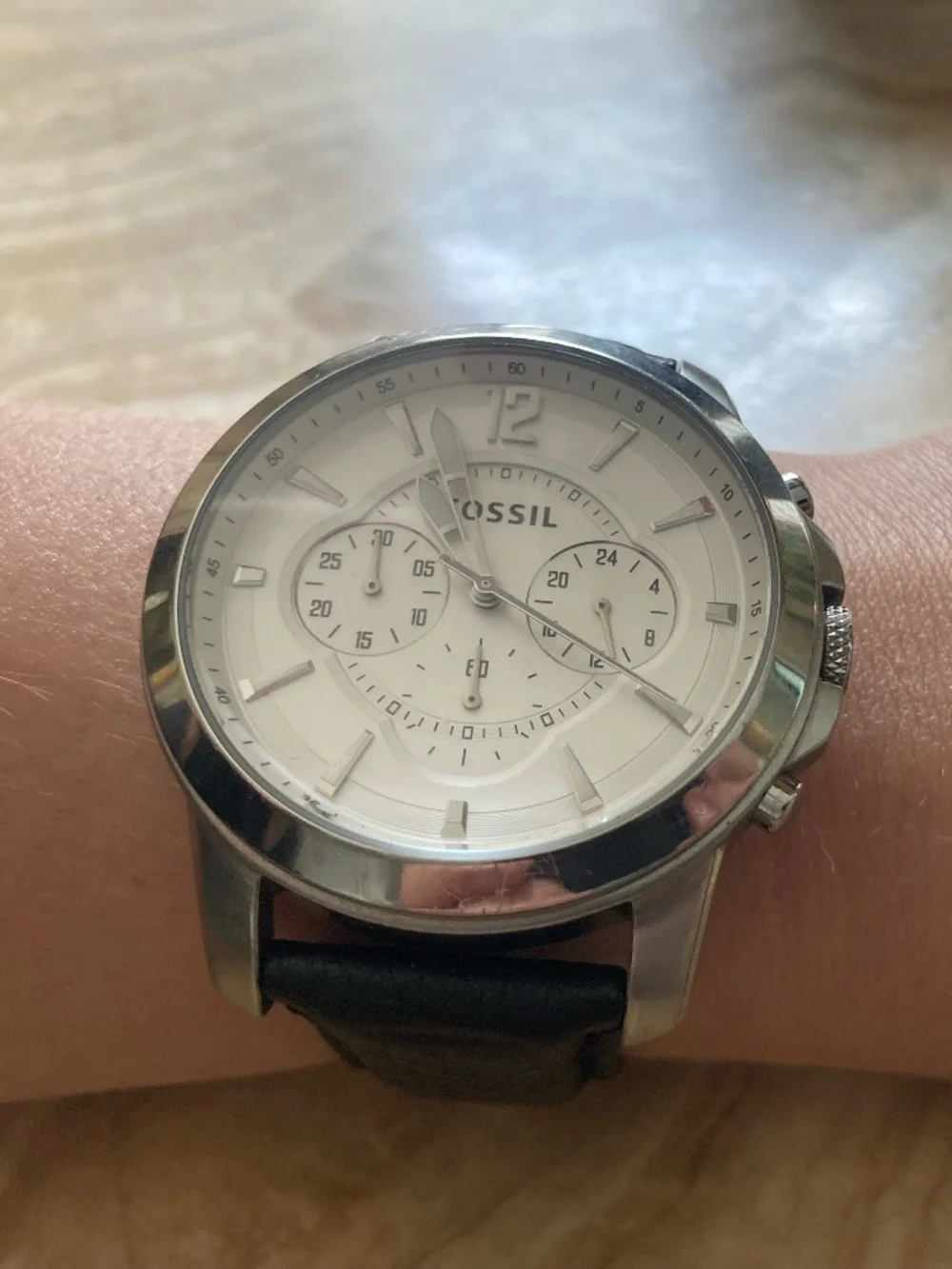 Fossil FS-4647 Chronograph Men's Watch Stainless Steel Cream Dial Leather Strap
